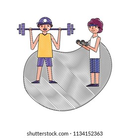 two man cartoon exercise with dumbbell and barbell