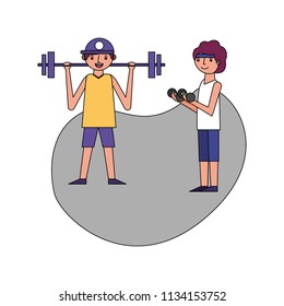two man cartoon exercise with dumbbell and barbell