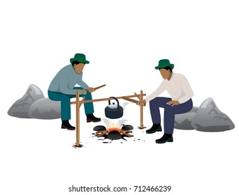 Two man cartoon shape with kettle vector design