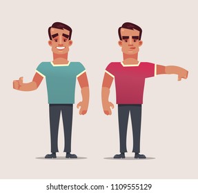 Two man character, happy like sigh thumb up and dislike thumb down. Social network communication concept flat cartoon design graphic isolated illustration set