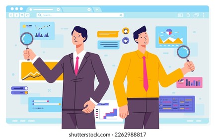 Zwei Mann-Charakter-Look und LVergrößerungsglas über Business-Infografik auf schwimmenden Diagramm-Bildschirm flache Vektorgrafik