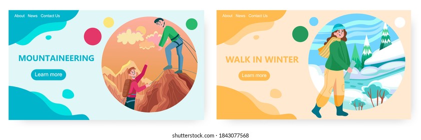 Two man climb to the top of the rock mountain. Outdoor and extreme sport vector concept illustration. Woman walks in winter forest. Climber on mountain peak. Web site design template