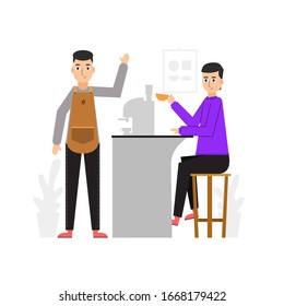 Two man coffee addict in coffee shop flat design vector
