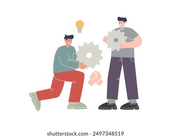 Dos hombres que colaboran haciendo tratos Trabajando juntos Cooperación de carácter Proyecto Objetivo Éxito Comunicación Team Building Holding Gears