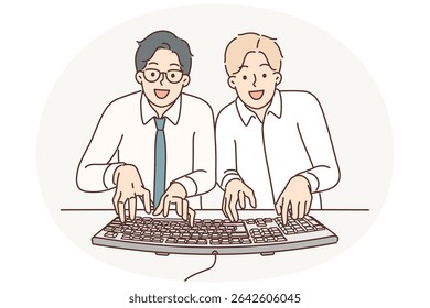 Two man computer geeks use keyboard to type code at same time to develop programs or applications. Young guys office workers and geeks play computer game together competing with each other