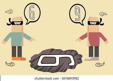 Two man confused Number Six or Nine ?. Think differently. Vector Illustration 