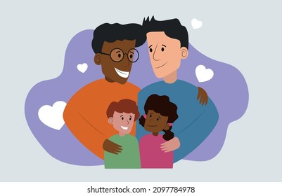 Two Man Couple With Children. Gay Couple With Children. Two Dads. Vector