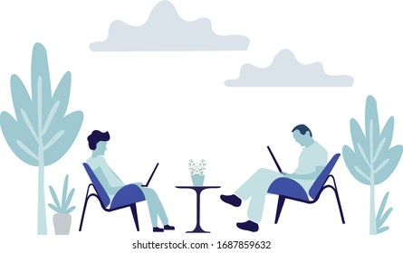 Two man from different generation using social media sites flat illustration