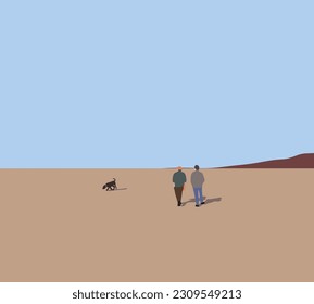 Two man with dog on the trip in the mountains. Enjoying People and animals. Traveling and playing sports with pets. outdoor activities and adventure.