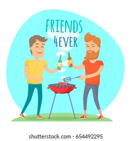 Two man with drink fried meat on barbecue in summer sunny day. Friends forever has funny free time in cartoon style. Boy with beard holding bottle of beer cheers another male vector illustration