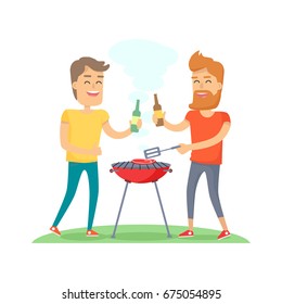 Two man with drink fried meat on barbecue in summer sunny day. Friends forever at the picnic in cartoon style. Boy with beard holding bottle of beer cheers another male vector illustration flat design