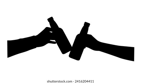 Two man drinking beer, two people clink beer bottles together, hand with beer silhouette