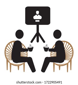 Two man drinking tea and watch news icon vector graphics 