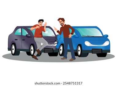 Two man drivers are arguing after accident standing near cars with dented bumpers. Drivers got into car accident and for violating traffic rules or not observing distance between cars.