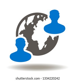 Two man earth planet icon vector. People globe network logo. Global communication illustration. International human connection sign.