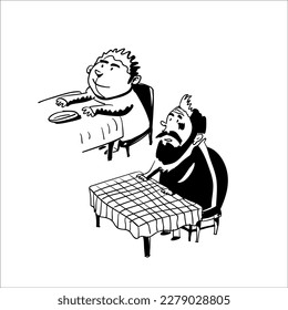 Two man eating at restaurant tables. Hand drawing vector cartoon illustration.
