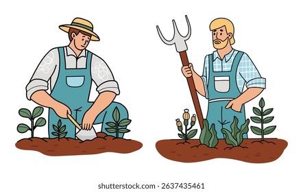Two Man Farmer with garden tools Shovel and pitchfork. Male Character Working In ground bed with seedlings and plants. Isolated Color hand drawing. Vector illustration