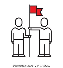 two man with flag icon, team concept, linear, vector illustration