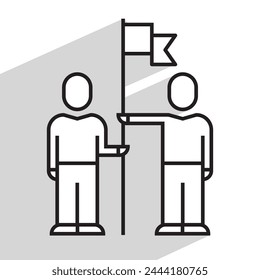two man with flag icon, team concept, linear, vector illustration