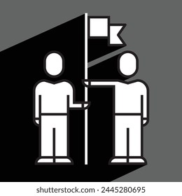 two man with flag icon, team concept, linear, vector illustration