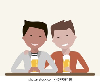 Two man friends drinking beer talking and laughing. Friendship Day concept. Vector illustration flat design