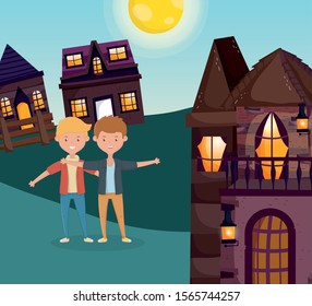 two man friends hugging outside the cottage vector illustration