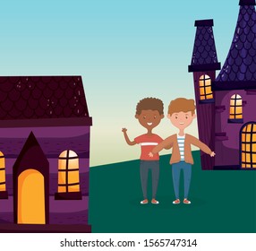 two man friends hugging outside the cottage vector illustration