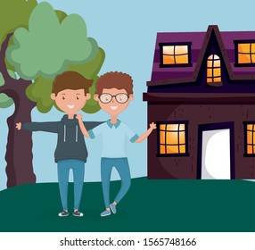 two man friends hugging outside the cottage vector illustration