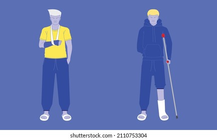 two man got accident at arm, leg broken. vector illustration eps10