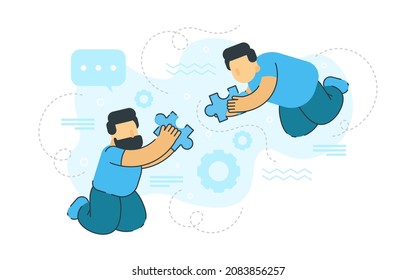 Dos hombres entregan la ilustración plana conceptual del rompecabezas. Ilustración plana simple creativa.