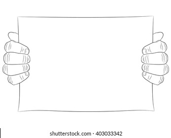 Two man hand and paper page. Hand hold poster or placard. Line drawing, black.