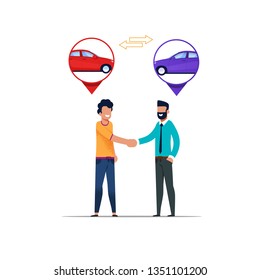 Two Man Handshaking. Carsharing Cooperation Illustration. Passenger Meeting Driver and Greeting. Carpooling Agreement Relationship Concept. Rental Transport Partnership Layout Design.