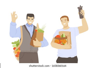 Two man happy joyful people holding zero waste products in hands - bags, kitchen and beauty produts, and showing OK sign. Zero Waste Lifestyle concept with eco friendly man.