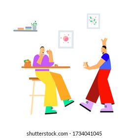 Two man happy stay at home flat design concept