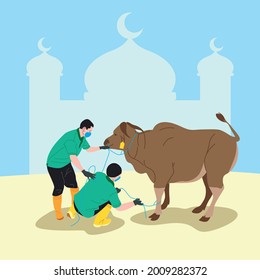 zwei Mann halten Kuh vor der Moschee für qurban