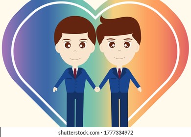 Two man hold one's hands on rainbow heart background. Pride sign of the LGBT community. Vector illustration of same sex love and freedom marriage for homosexuals. Valentine's concept with love.