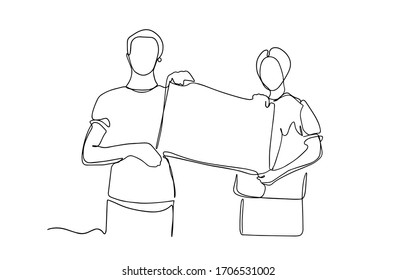 two man holding a blank poster at a meeting protesting. people with protest signboard banner standing line vector drawing. One line illustration of two man with a blank paper roll. continuous one line