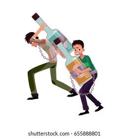 two man holding bottle of liquor, chained to it, alcohol dependence, abuse, disorder, cartoon vector illustration isolated on white background. Man chained to alcohol bottle he holds in hands