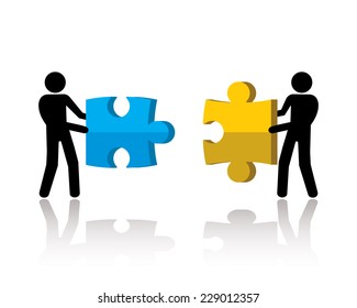 two man holding jigsaw puzzle parts, blue and yellow