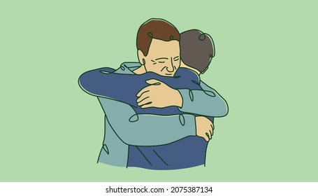 Two Man Hug Forgiving Each Other. Line Art Style Vector Illustration Suitable For Calm Wellness Or Mental Health Content