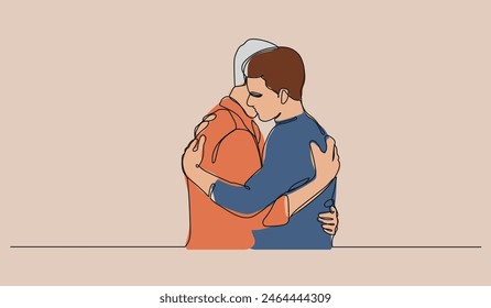 Dos hombres se abrazan perdonándose. Ilustración vectorial de estilo de arte de línea adecuada para el bienestar tranquilo o el contenido de salud mental.