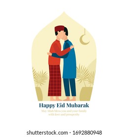 Two man hugging for forgive each other during eid fitr islam holiday after breaking the fast vector flat illustration with mosque door background and plant ornament