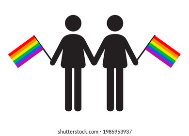 Two man icon holding Rainbow Gay flag. LGBTQ pride icon vector illustration