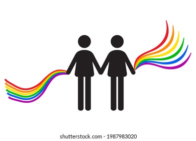 Two man icon holding Rainbow Gay flag. LGBTQ pride icon vector illustration