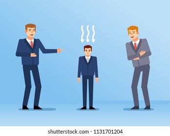 Two man laugh at businessman. Man shrinks after mockery from his colleagues. Mockery, harassment at work. Flat design vector illustration