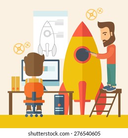 Two man to launch for new start up idea in business. Business concept. A Contemporary style with pastel palette, soft beige tinted background. Vector flat design illustration. Square layout
