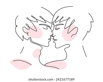 Two man in love kiss. Young man kiss, two guys. Gay lovers kiss. LGBT couple. Aesthetics of minimalist poster. Vector illustration.