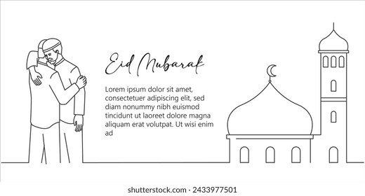 Dos hombres musulmanes abrazándose, Eid Mubarak Eid al-fitr diseño de la línea de concepto