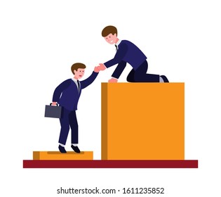 Two Man Office Worker Teamwork Over Obstacle, Leadership, Partnership Or Competitor Business In Cartoon Flat Illustration Vector