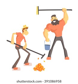 Two Man Picking Up Leaves Cute Cartoon Style Flat Vector Illustration On White Background